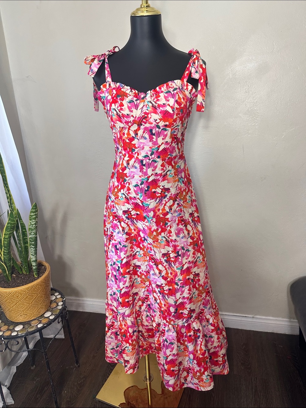 Floral Tie-Shoulder Midi Dress in Pink & Red